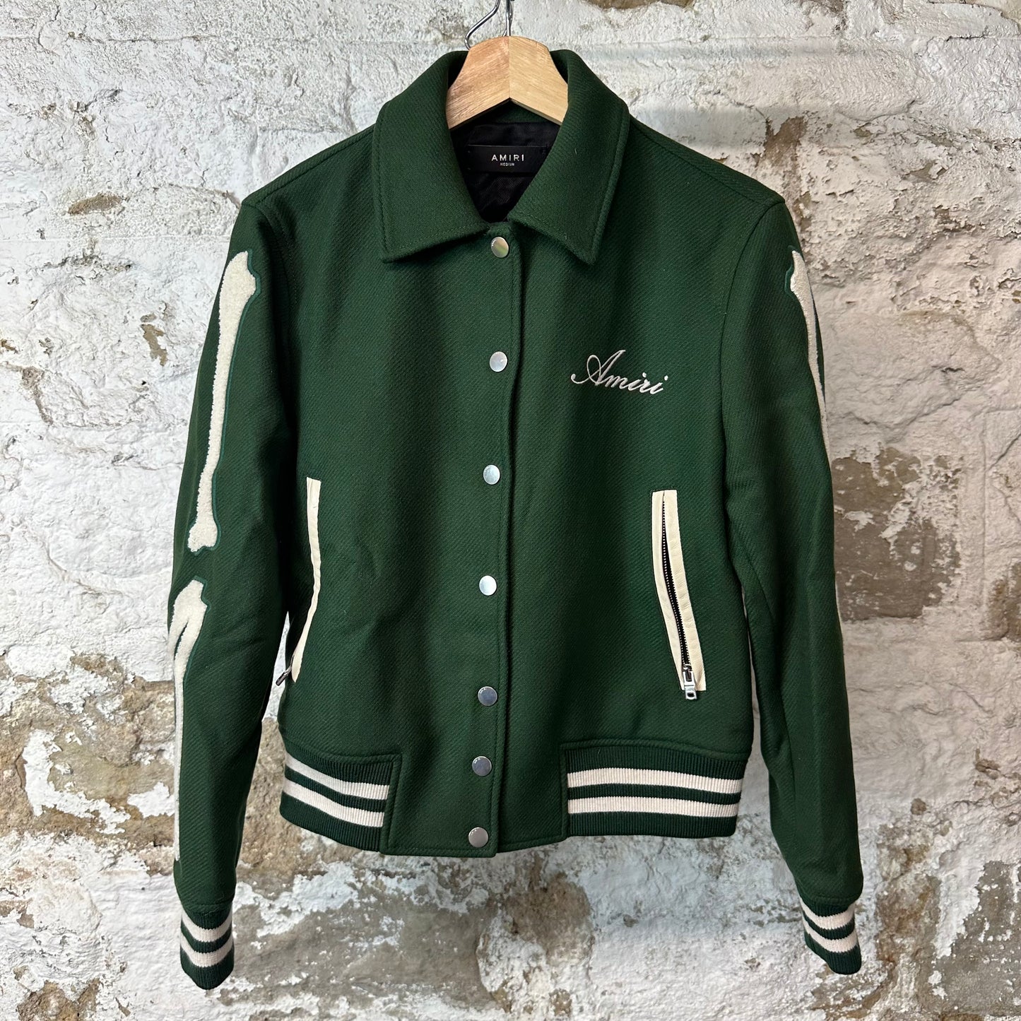 Amiri White Bone Varsity Jacket Green Sz M