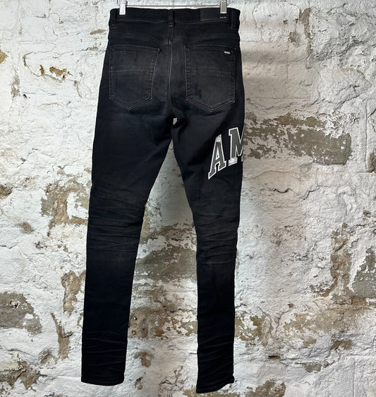Amiri Varsity Logo Distressed Black Denim Jeans Sz 28