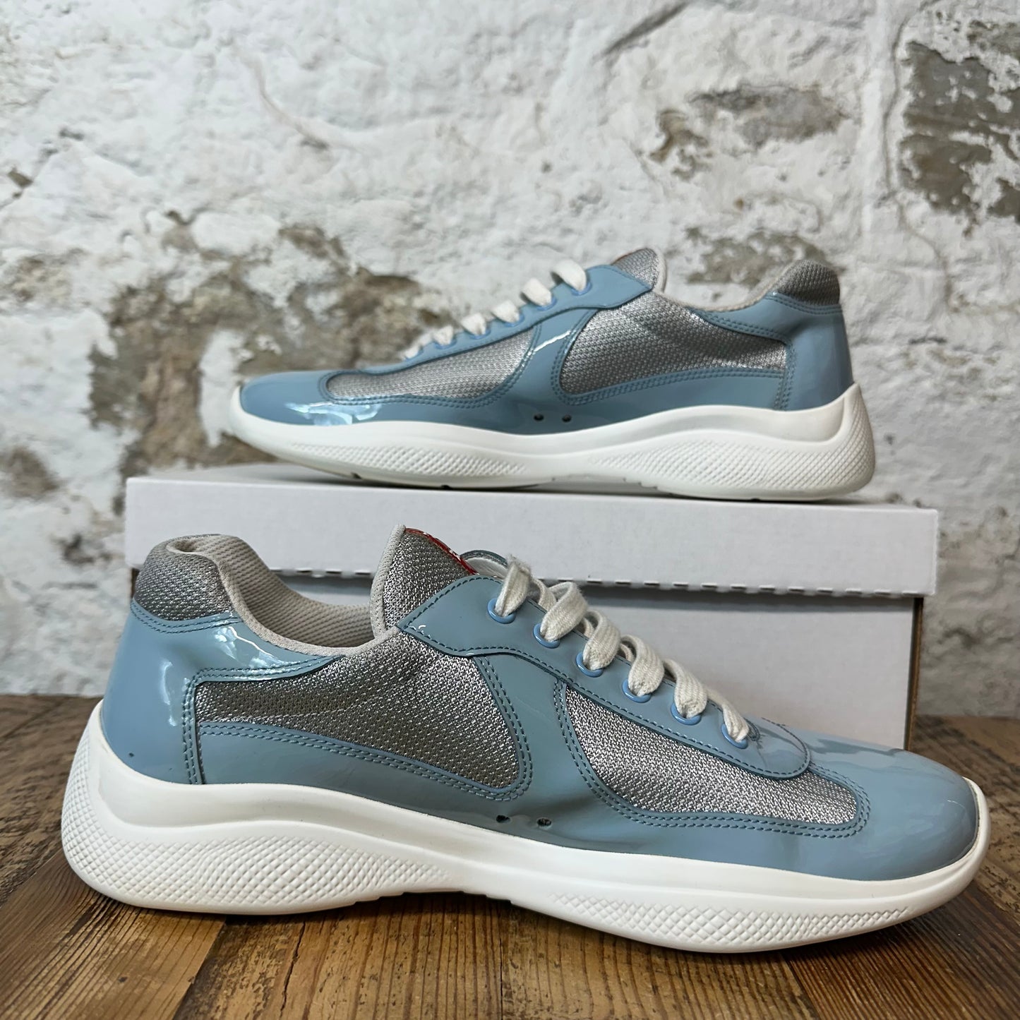 Prada Americas Cup Baby Blue Patent Grey White Sneaker Sz 9