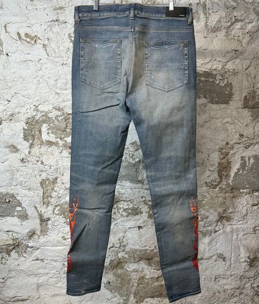 Amiri Red Orange Bandana Flame Blue Denim Jeans
