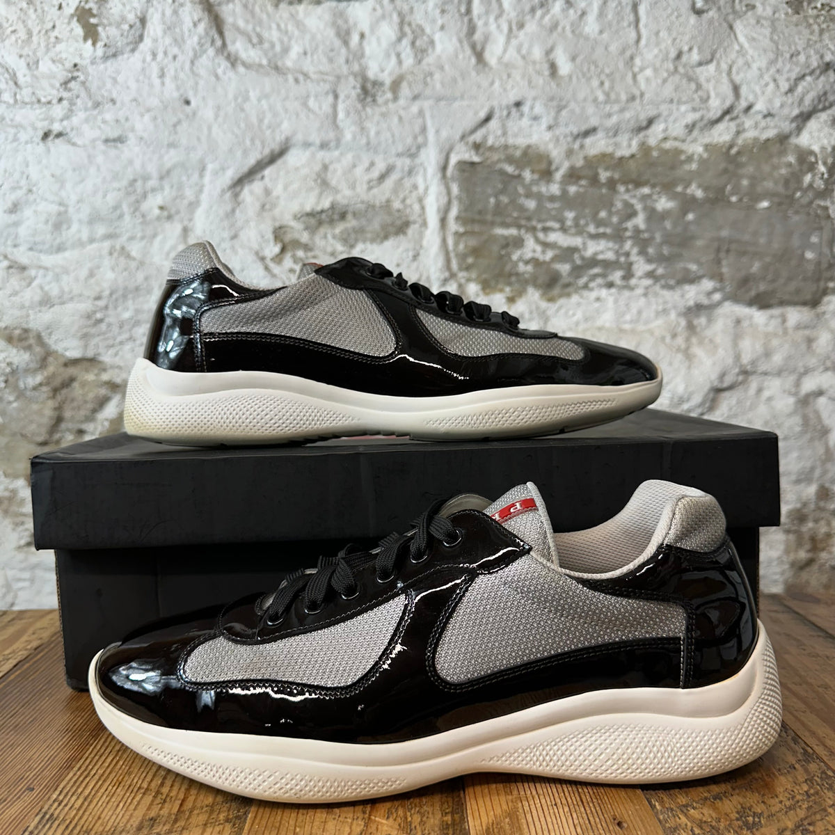Prada Americas Cup Black Patent Grey White Sneaker Sz 10.5