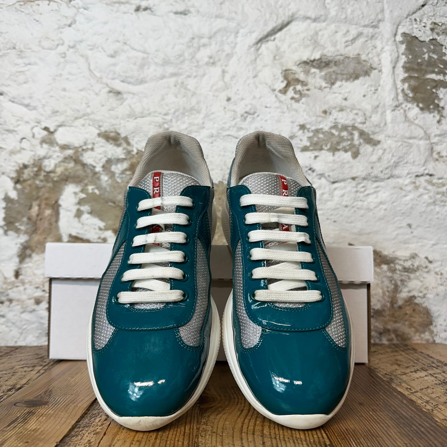 Prada Americas Cup Teal Green Patent Sneaker Sz 7