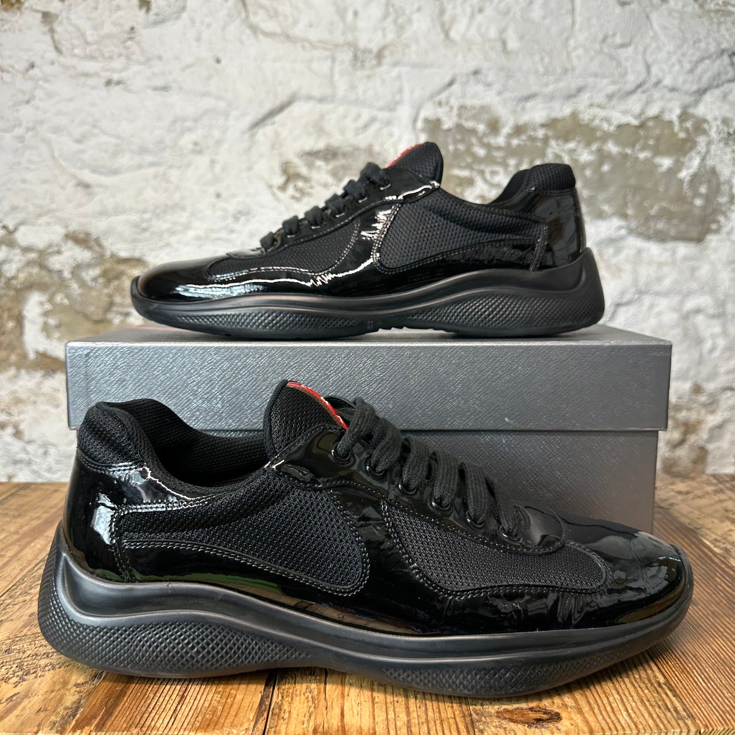 Prada Americas Cup Triple Black Patent Sneaker Sz 9