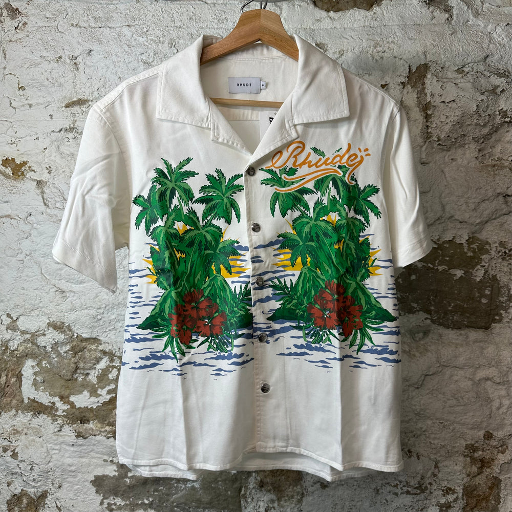 Rhude Palm Logos White Button Up Shirt Sz XS