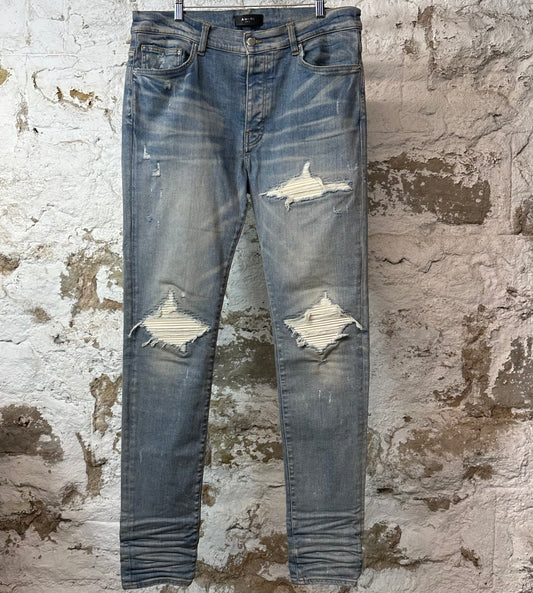 Amiri MX1 Cream Suede Blue Denim Jeans Sz 36