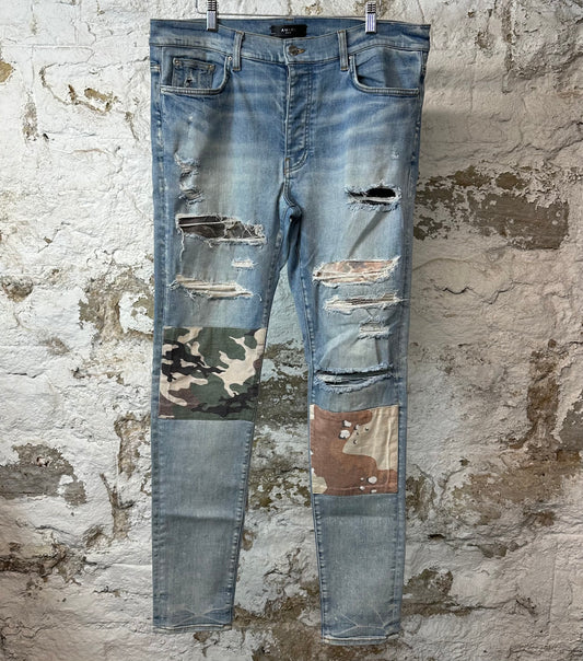 Amiri MX1 Camo Patches Blue Denim Jeans Sz 36