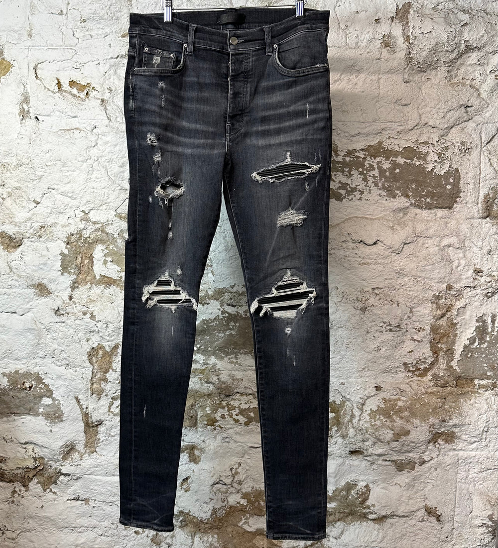 Amiri MX1 Black Leather Gray Denim Jeans Sz 34