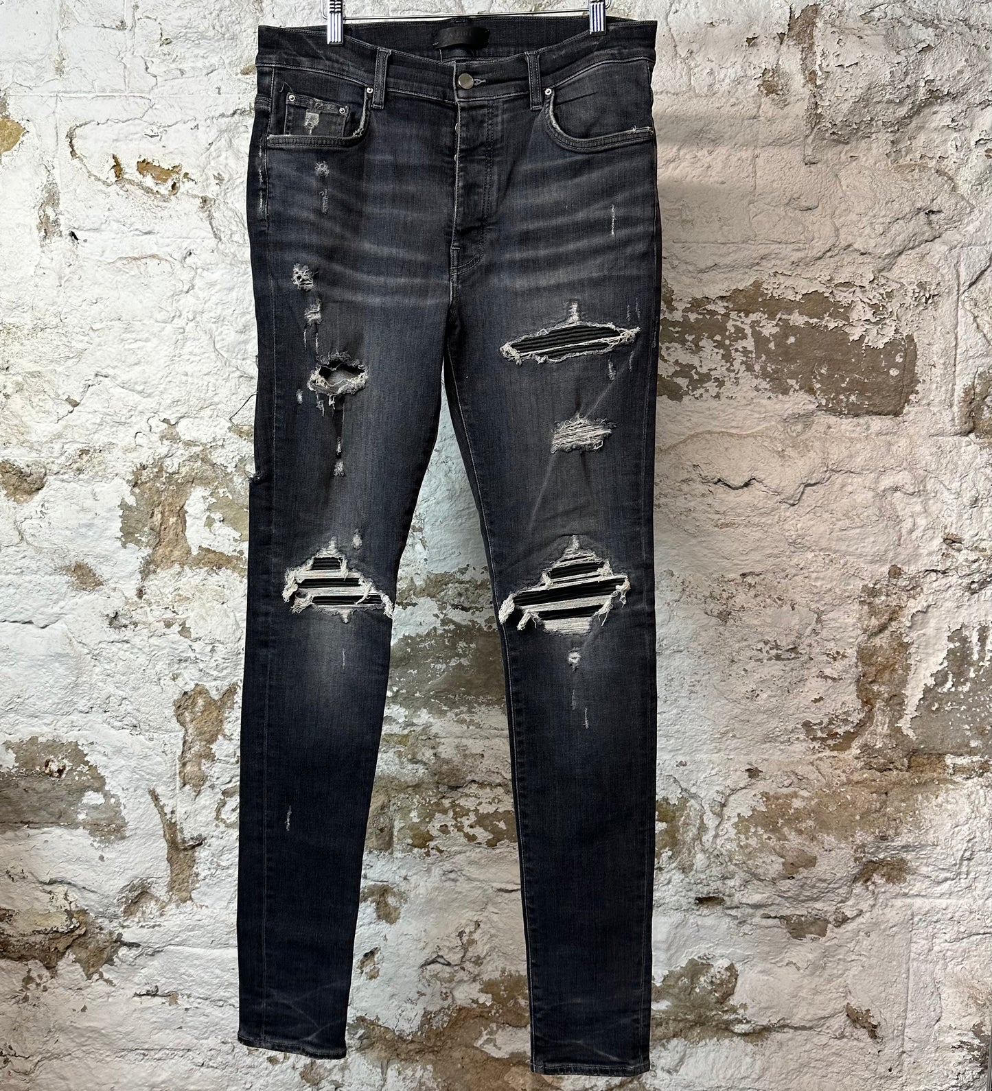 Amiri MX1 Black Leather Gray Denim Jeans Sz 34