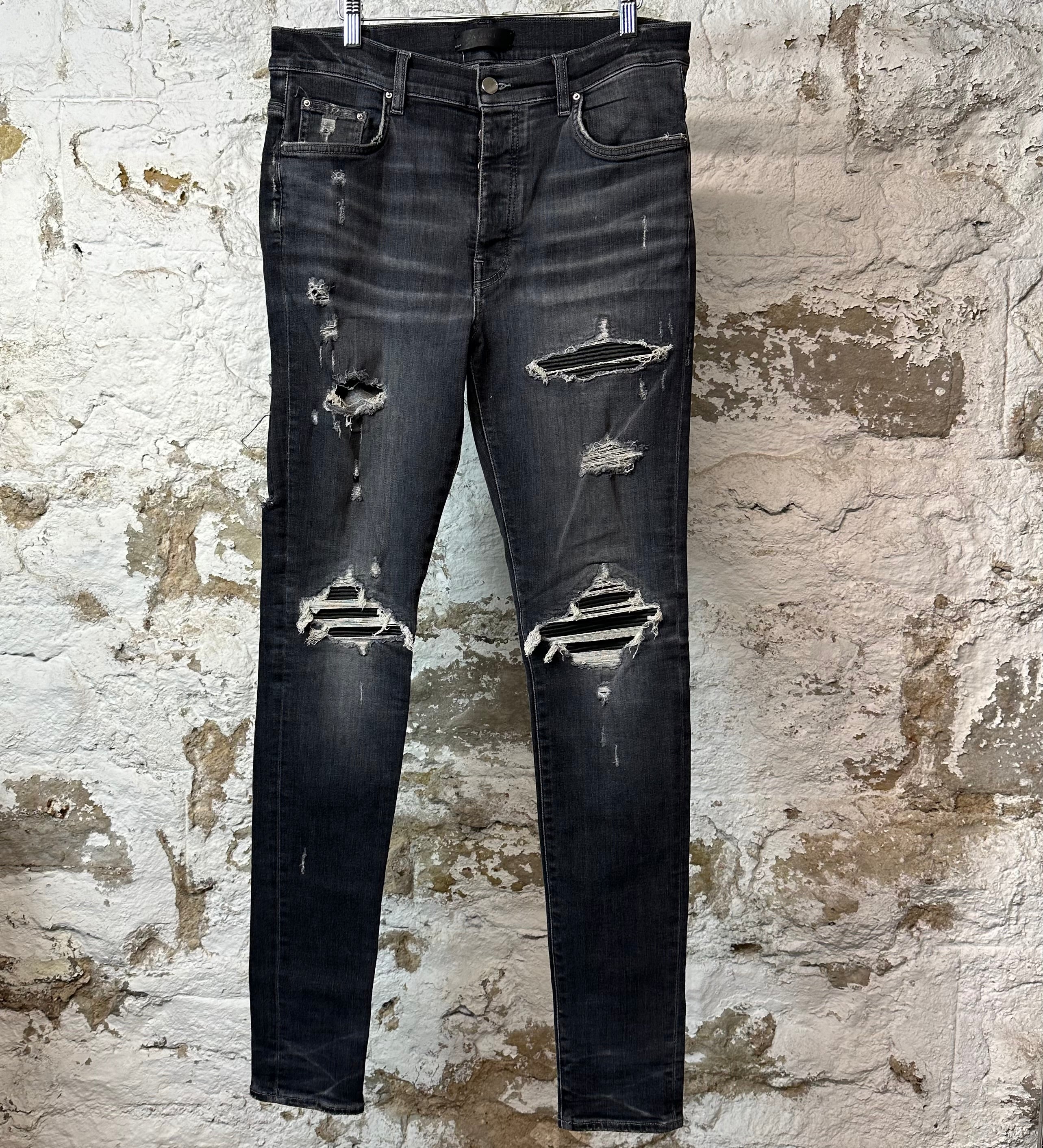 Amiri MX1 Black Leather Gray Denim Jeans Sz 34
