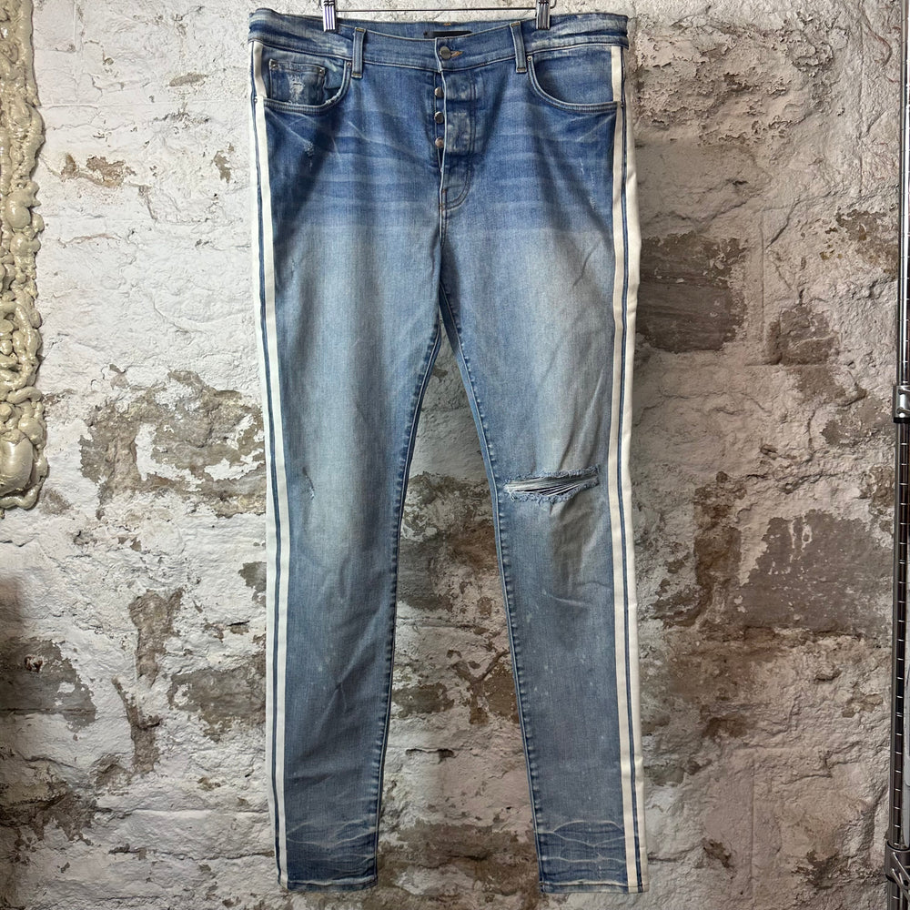 Amiri White Velour Stripe Blue Denim Jeans Sz 38
