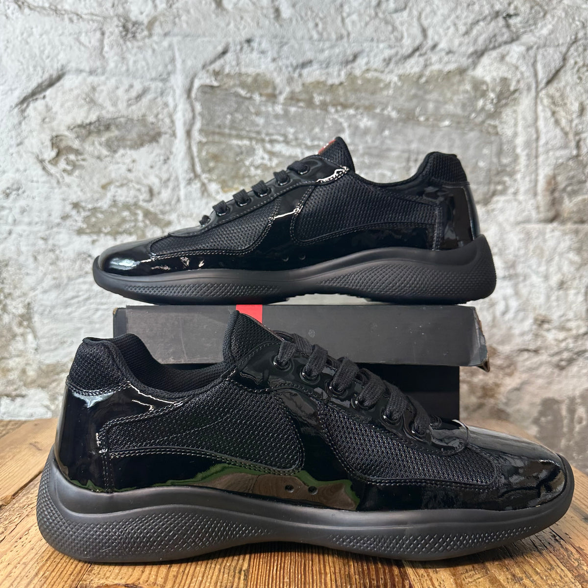 Prada Americas Cup Triple Black Patent Sneaker Sz 10