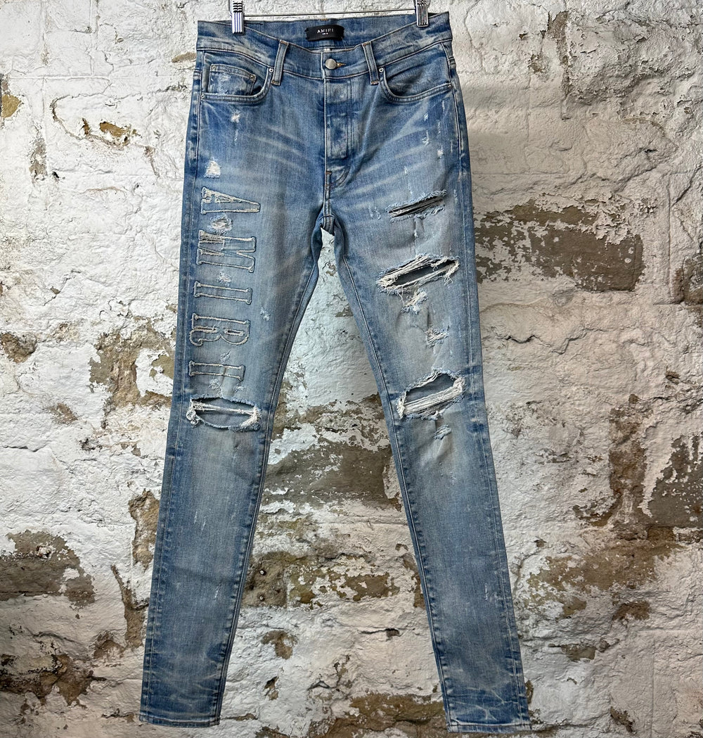 Amiri Distressed Side Spell Blue Denim Jeans Sz 31