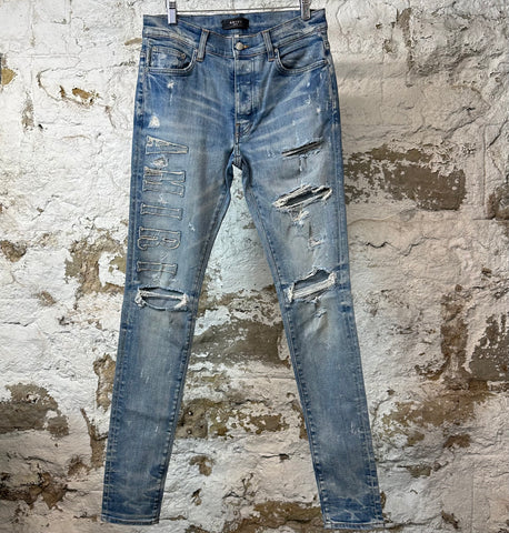 Amiri Distressed Side Spell Blue Denim Jeans Sz 31