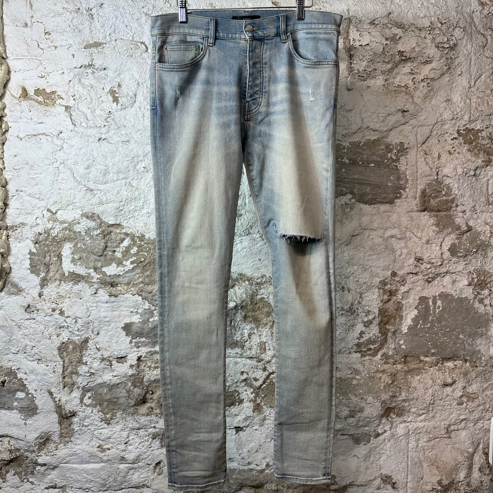 Amiri Knee Rip Plain Light Blue Denim Jeans Sz 32