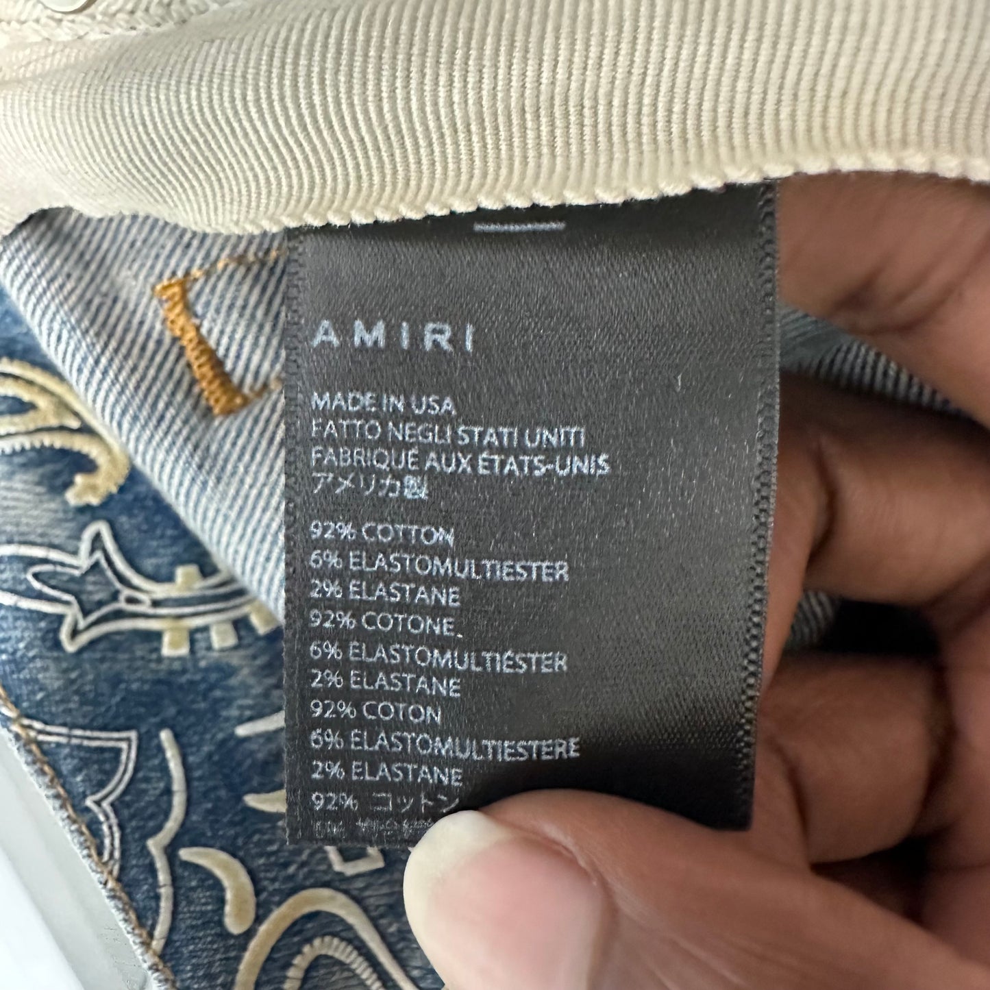 Amiri Knee Rip White Paisley Print Blue Denim Jeans Sz 31