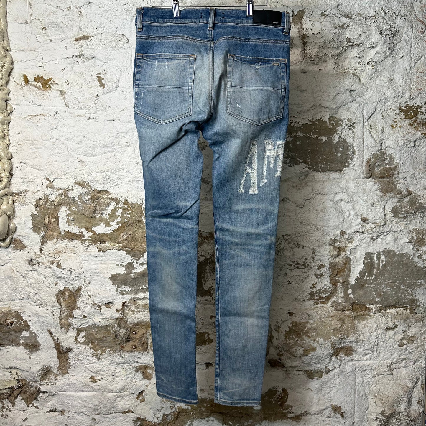 Amiri Distressed Side Spell Blue Denim Jeans Sz 32