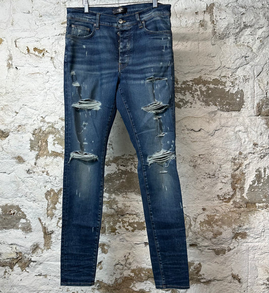 Amiri Plain Dark Blue Distressed Denim Jeans Sz 33