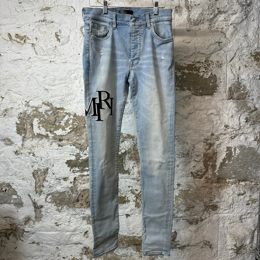 Amiri Embroidered Stagger Logo Blue Denim Jeans Sz 30