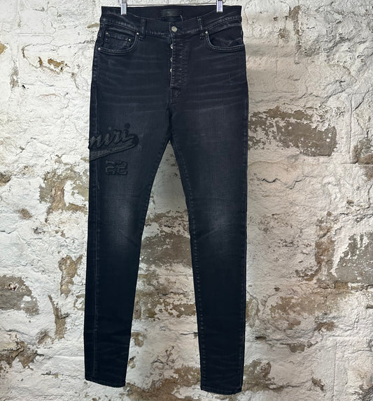 Amiri Black Varsity Patch Black Denim Jeans Sz 34