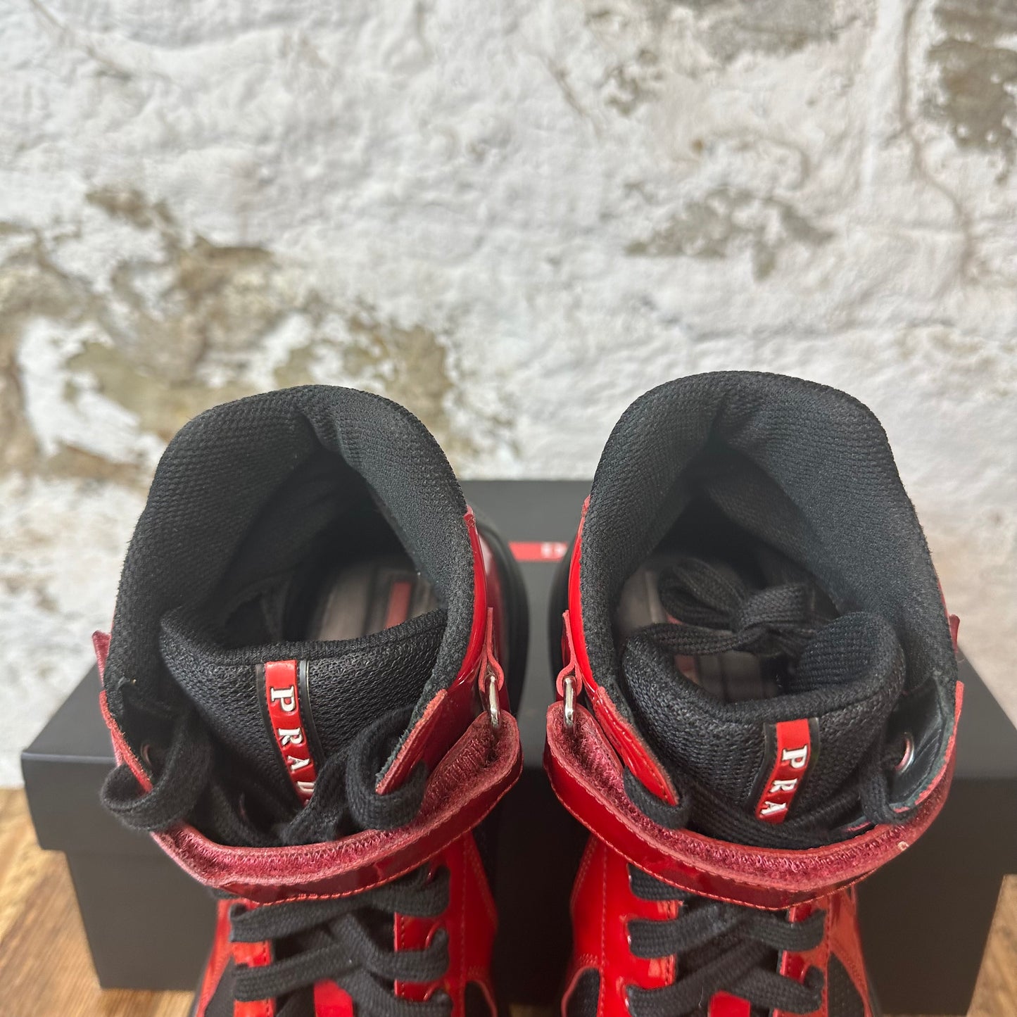 Prada Americas Cup High Red Patent Black Sz 8