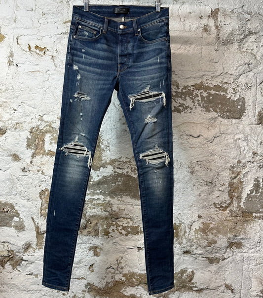 Amiri MX1 Black Leather Dark Blue Denim Jeans Sz 29