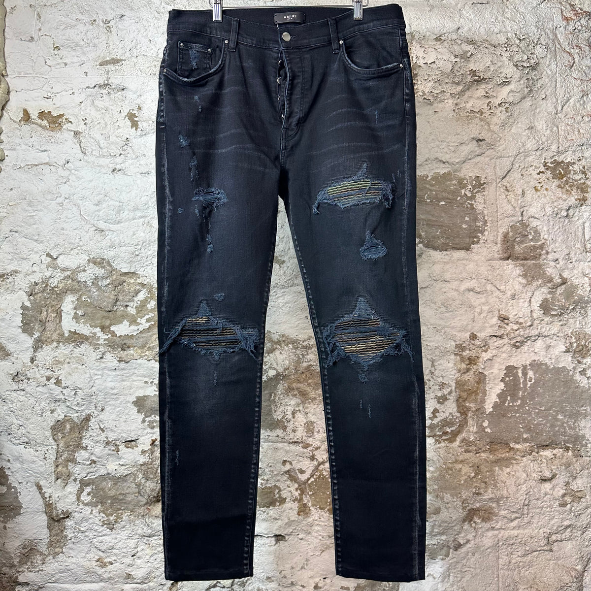 Amiri MX1 Camo Patch Black Denim Jeans Sz 38