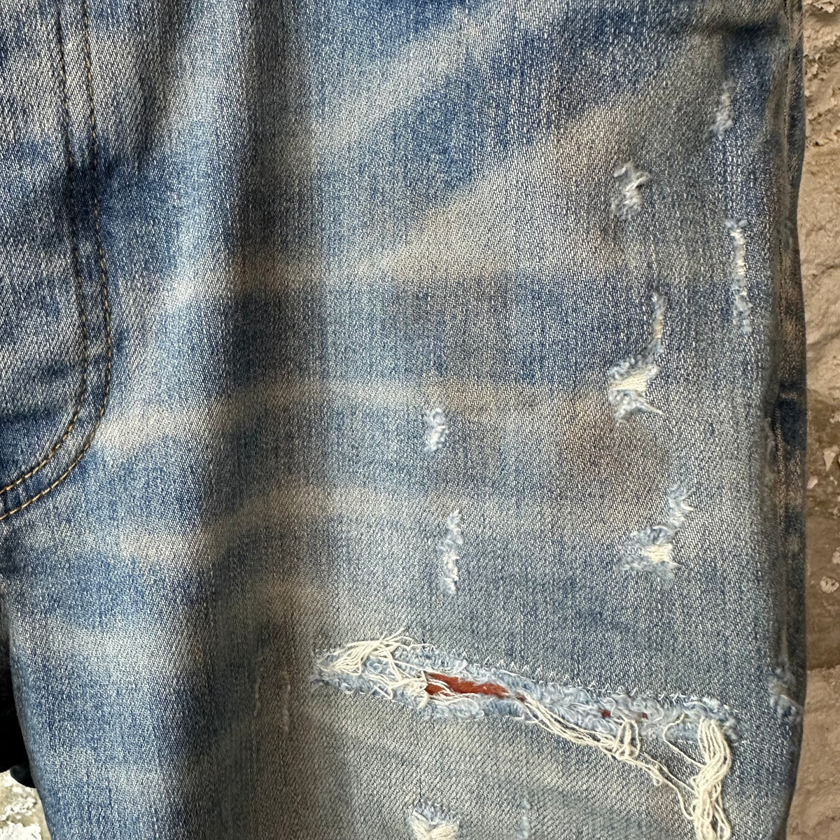 Amiri MX1 Brown Leather Core Logo Blue Denim Jeans Sz 34