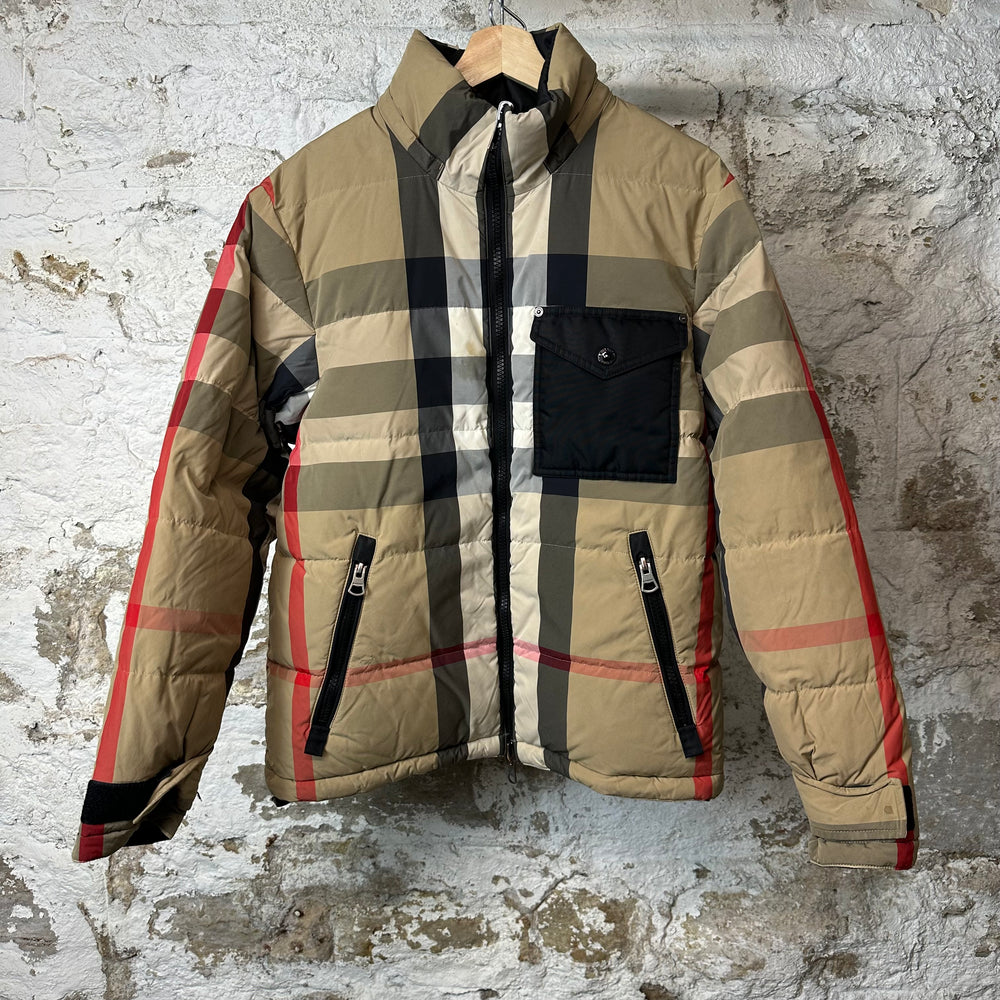 Burberry Tan Plaid Black Reversible Puffer Jacket Sz S (Stains)
