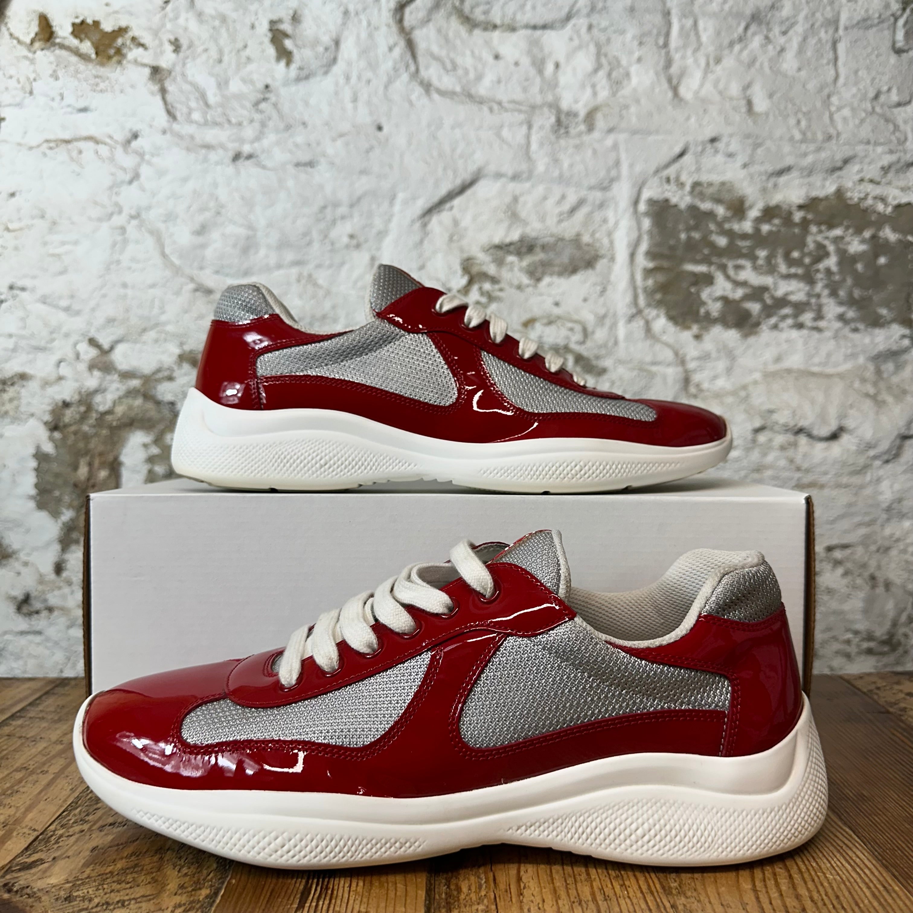 Prada Americas Cup Red Patent Grey White Sneaker Sz 9