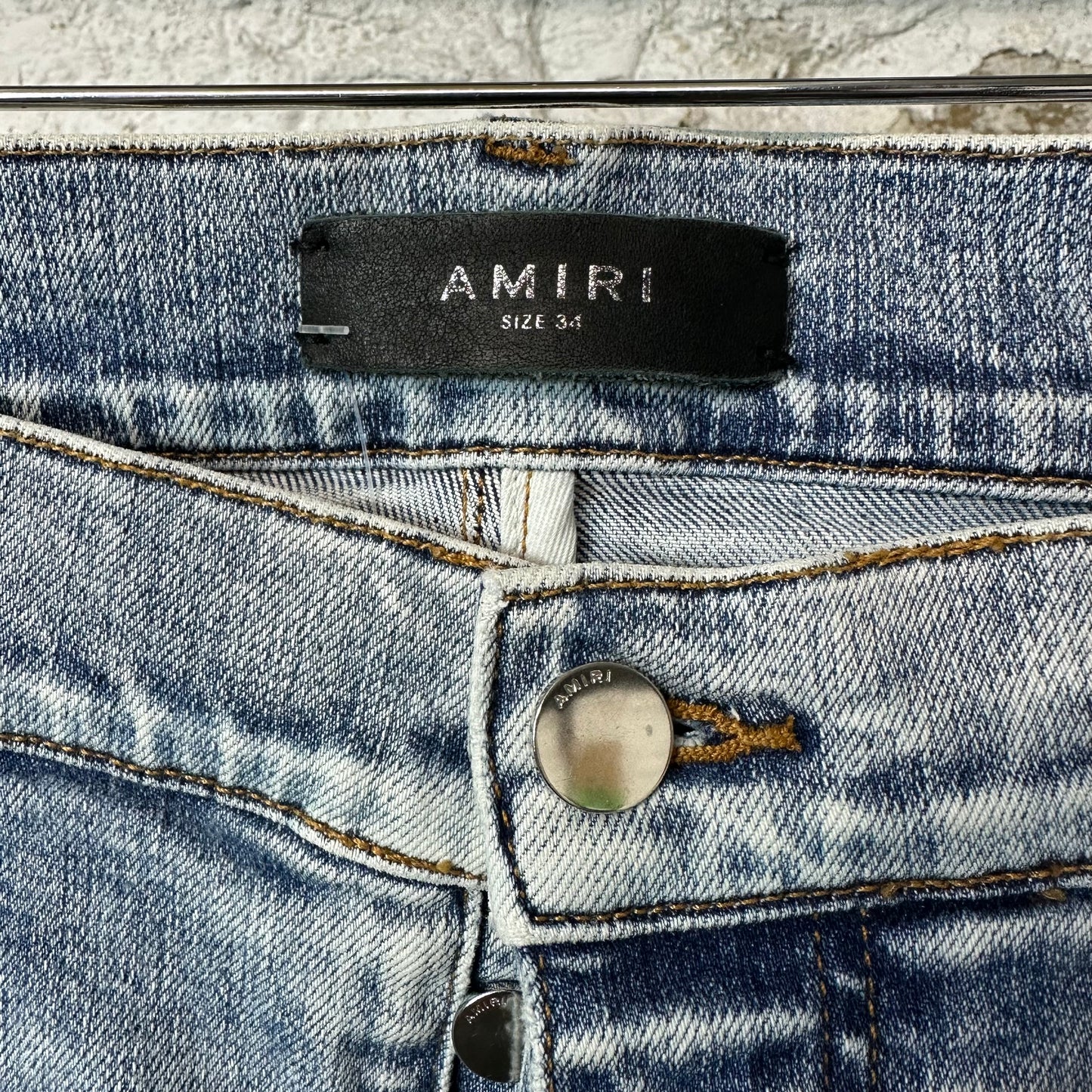 Amiri MX1 Black Leather Washed Blue Denim Jeans Sz 34