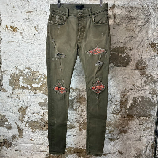 Amiri MX1 Orange Paisley Green Denim Jeans Sz 32