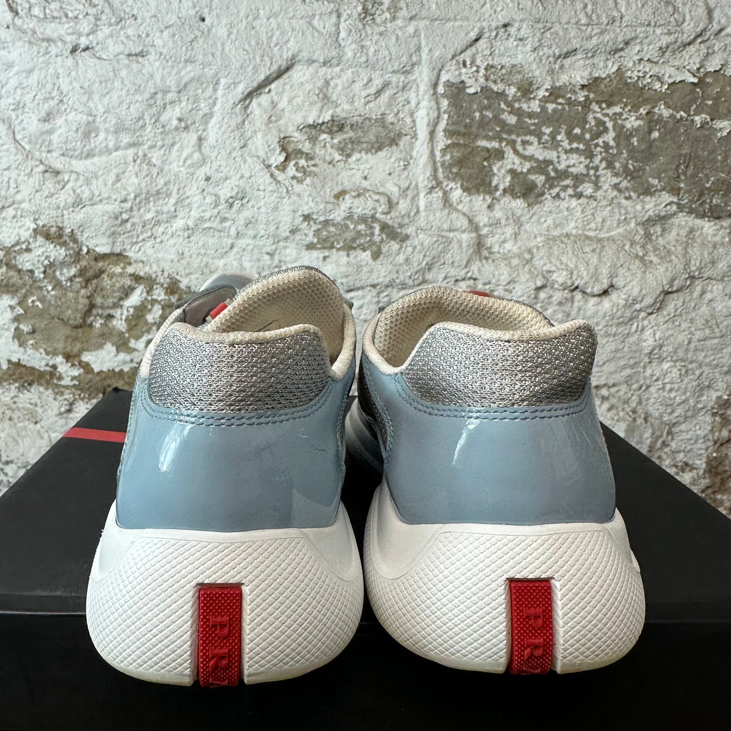 Prada Americas Cup Celeste Patent Grey White Sneaker Sz 5.5 (37.5)