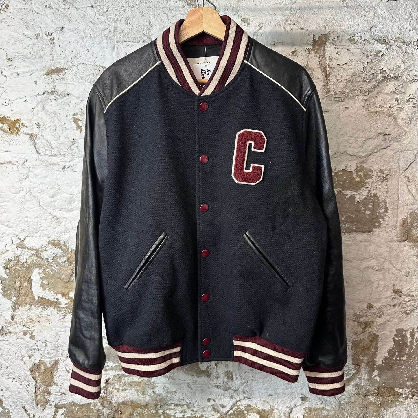 Celine Burgundy C Logo Leather Wool Teddy Jacket Black Sz L (52)