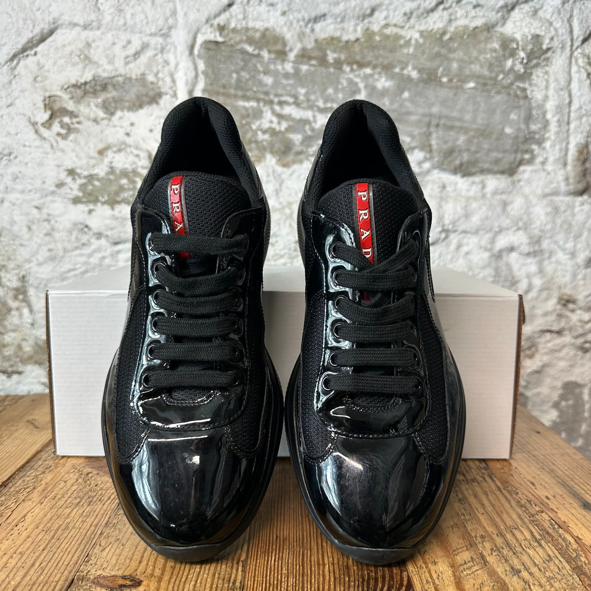 Prada Americas Cup Triple Black Patent Sneaker Sz 7