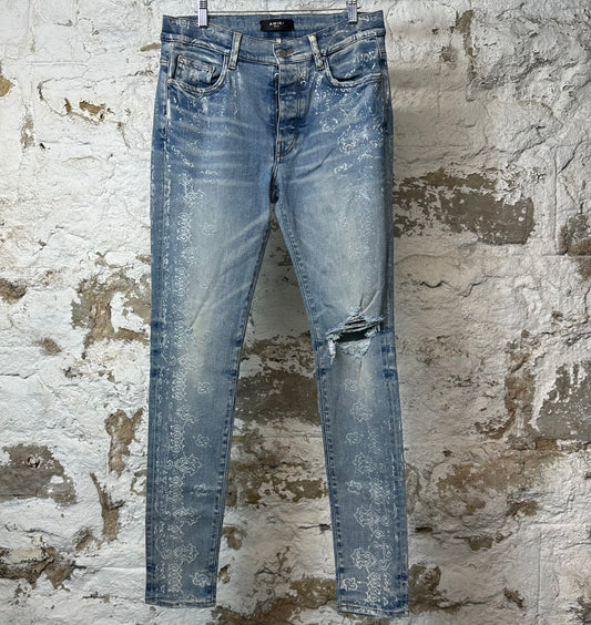 Amiri Knee Hole White Paisley Print Blue Denim Jeans Sz 32