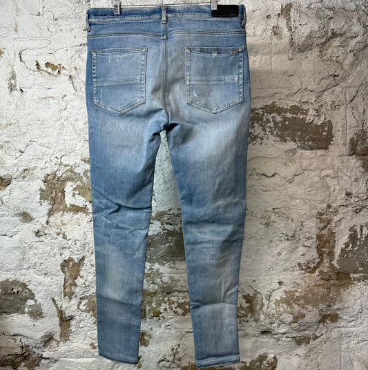 Amiri MX1 Black Leather Blue Denim Jeans Sz 36