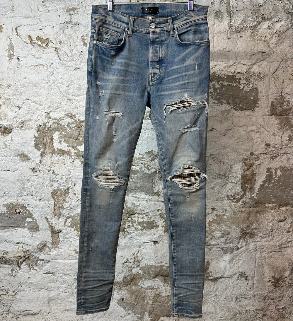 Amiri MX1 Grey Orange Plaid Blue Denim Jeans Sz 32
