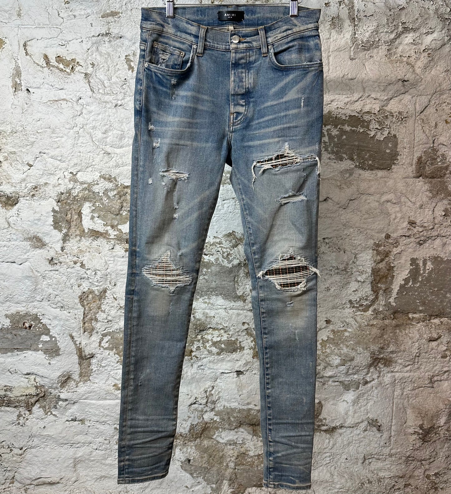 Amiri MX1 Grey Orange Plaid Blue Denim Jeans Sz 32