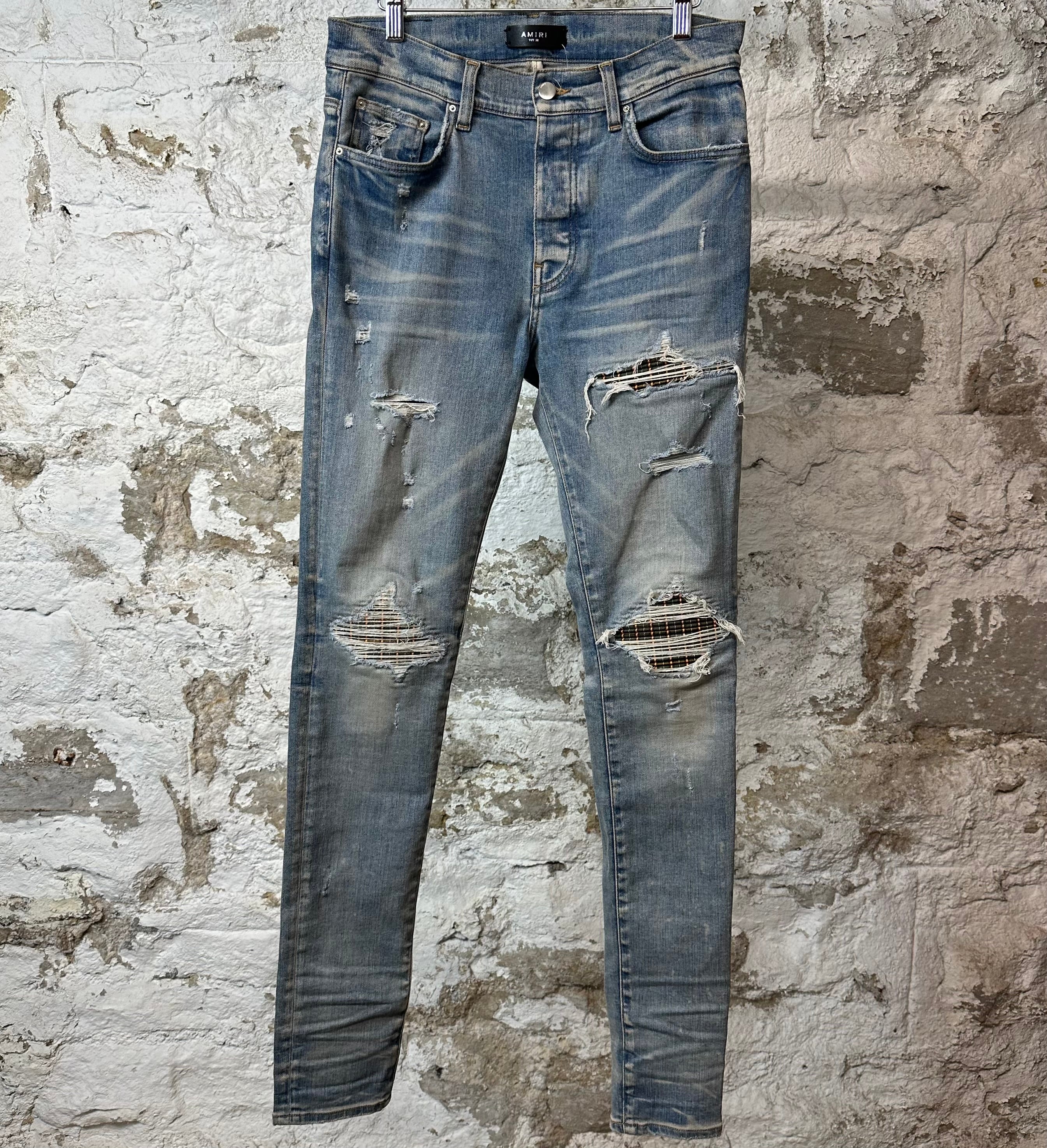 Amiri MX1 Grey Orange Plaid Blue Denim Jeans Sz 32