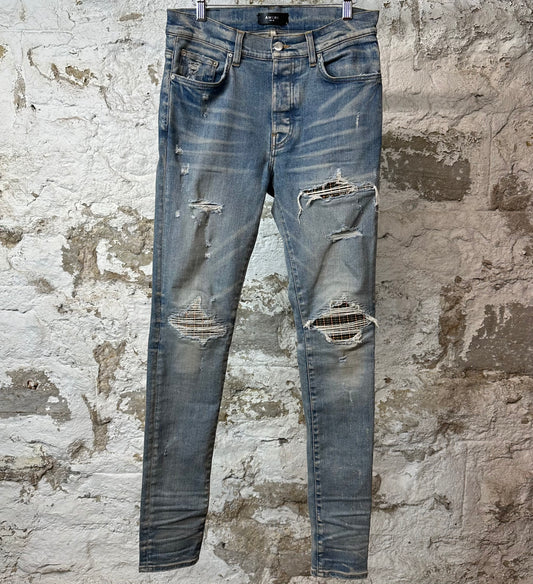 Amiri MX1 Grey Orange Plaid Blue Denim Jeans Sz 32