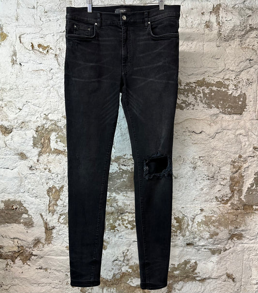Amiri Knee Hole Plain Faded Black Denim Jeans Sz 36
