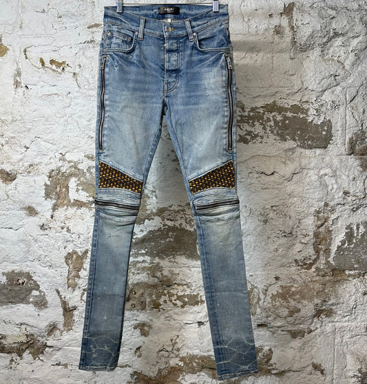 Amiri MX2 Brown Yellow Patch Blue Denim Jeans Sz 28