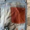 Amiri MX1 Brown Leather Core Logo Blue Denim Jeans Sz 34