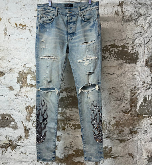 Amiri Paisley Flames Blue Denim Jeans Sz 32
