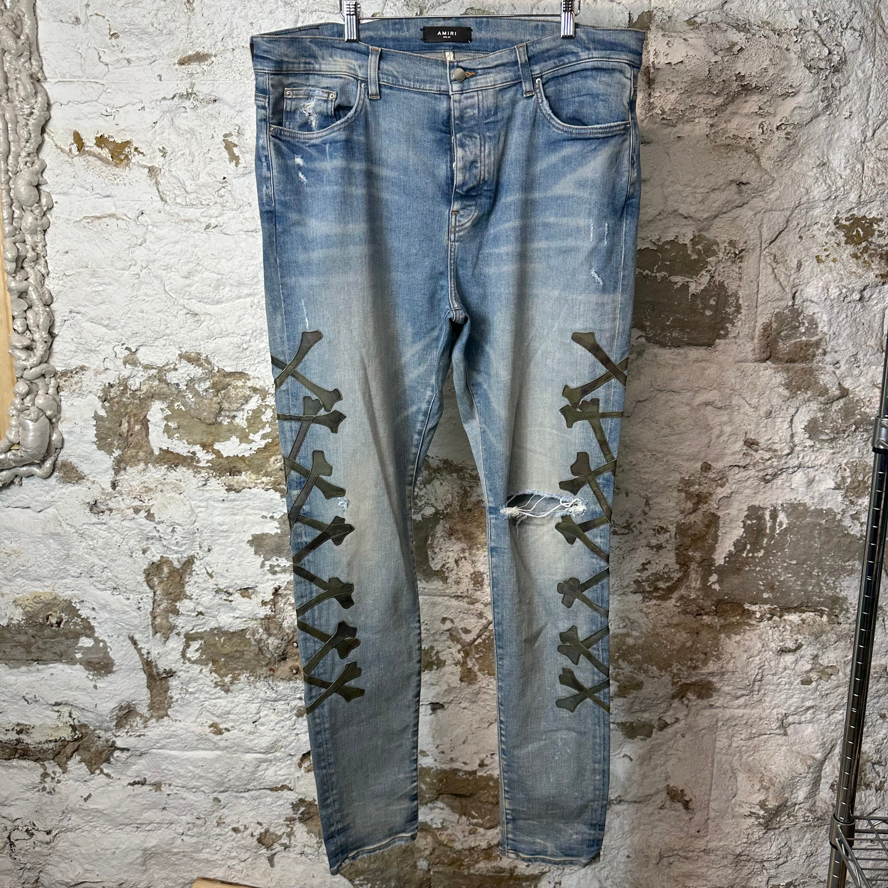 Amiri Green Camo Bones Blue Denim Jeans Sz 40