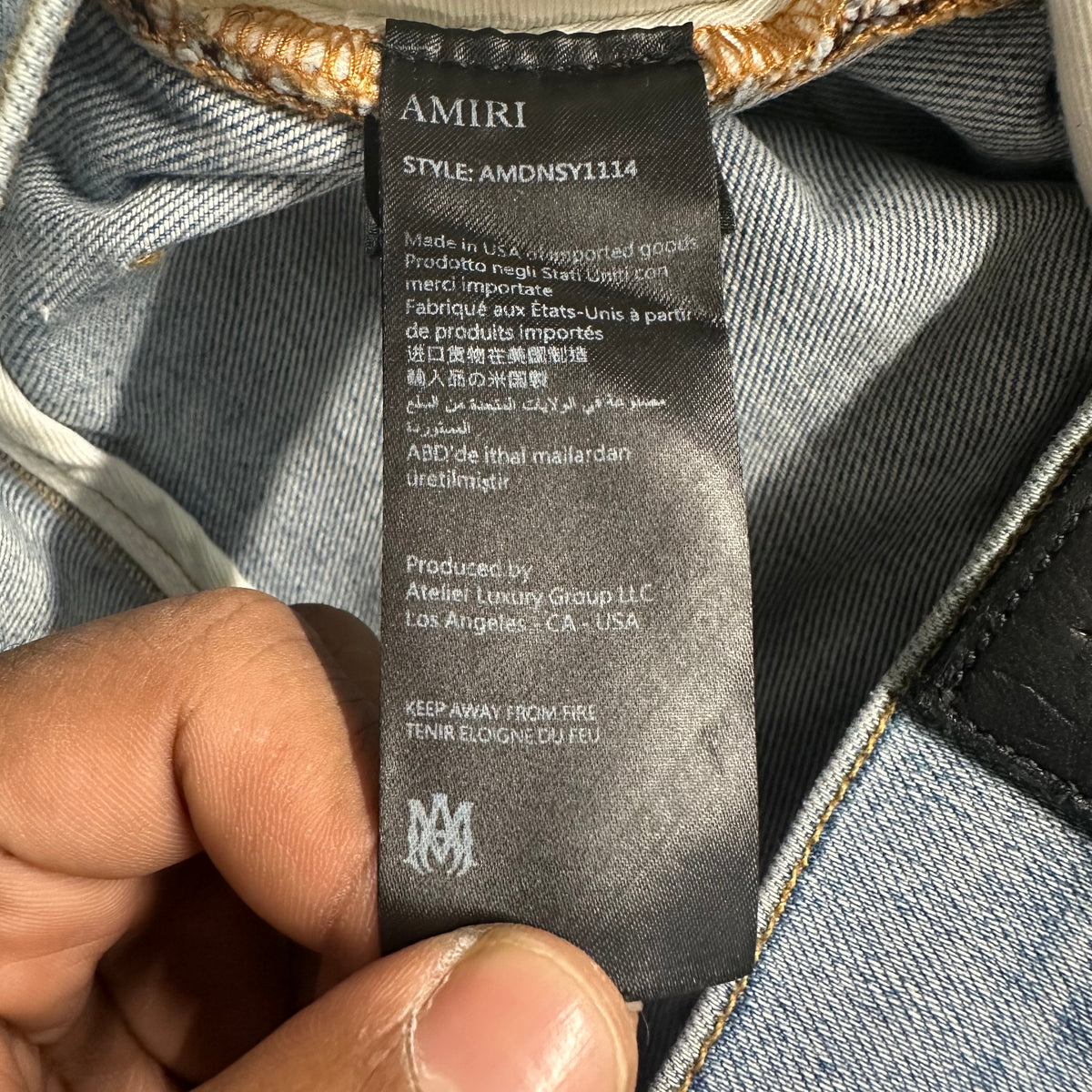 Amiri Black Leather Stagger Blue Denim Jeans Sz 36