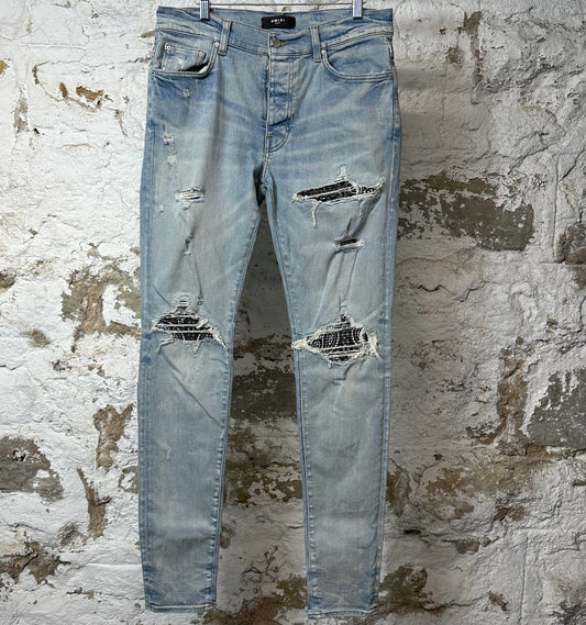 Amiri MX1 Black Paisley Blue Denim Jeans Sz 32