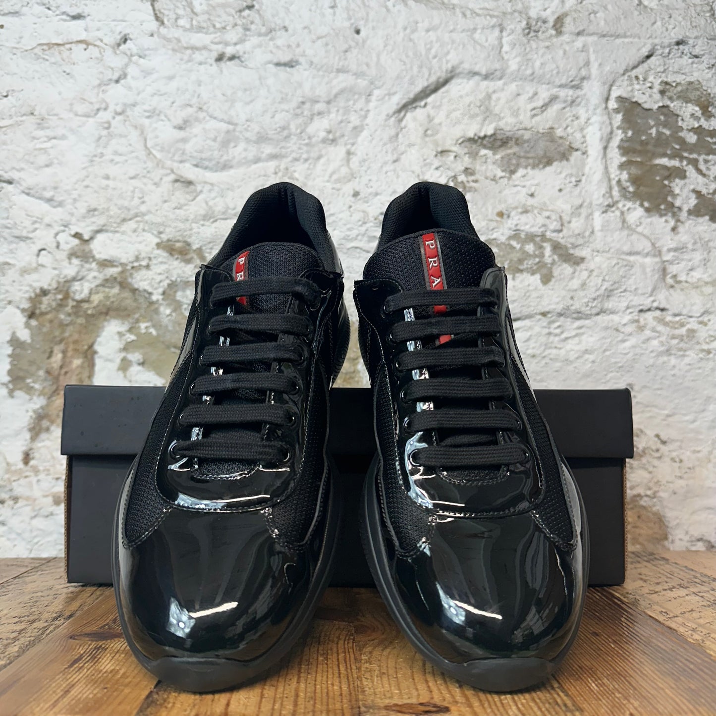 Prada Americas Cup Triple Black Patent Sneaker Sz 11