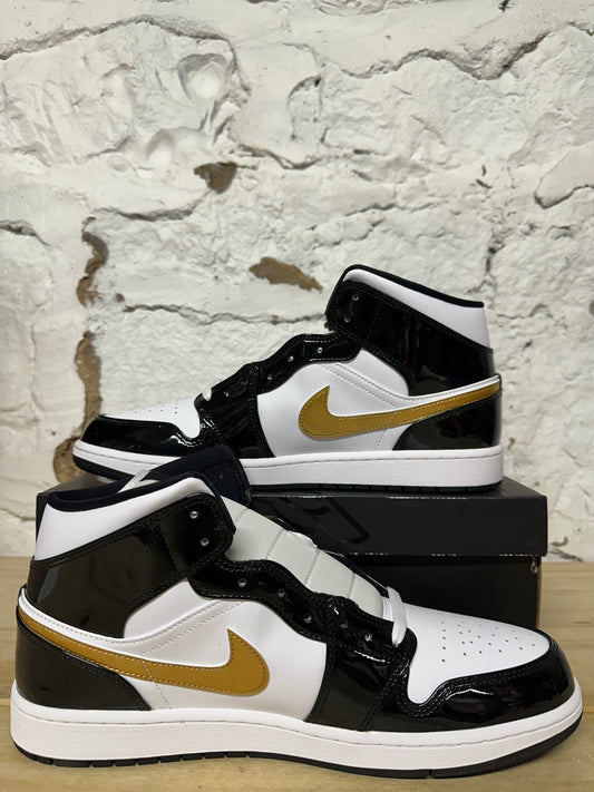 Air Jordan 1 Mid Patent Black White Gold Sz 14 DS