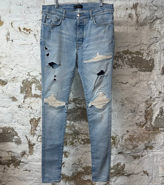 Amiri MX1 Cream Suede Blue Denim Jeans Sz 36
